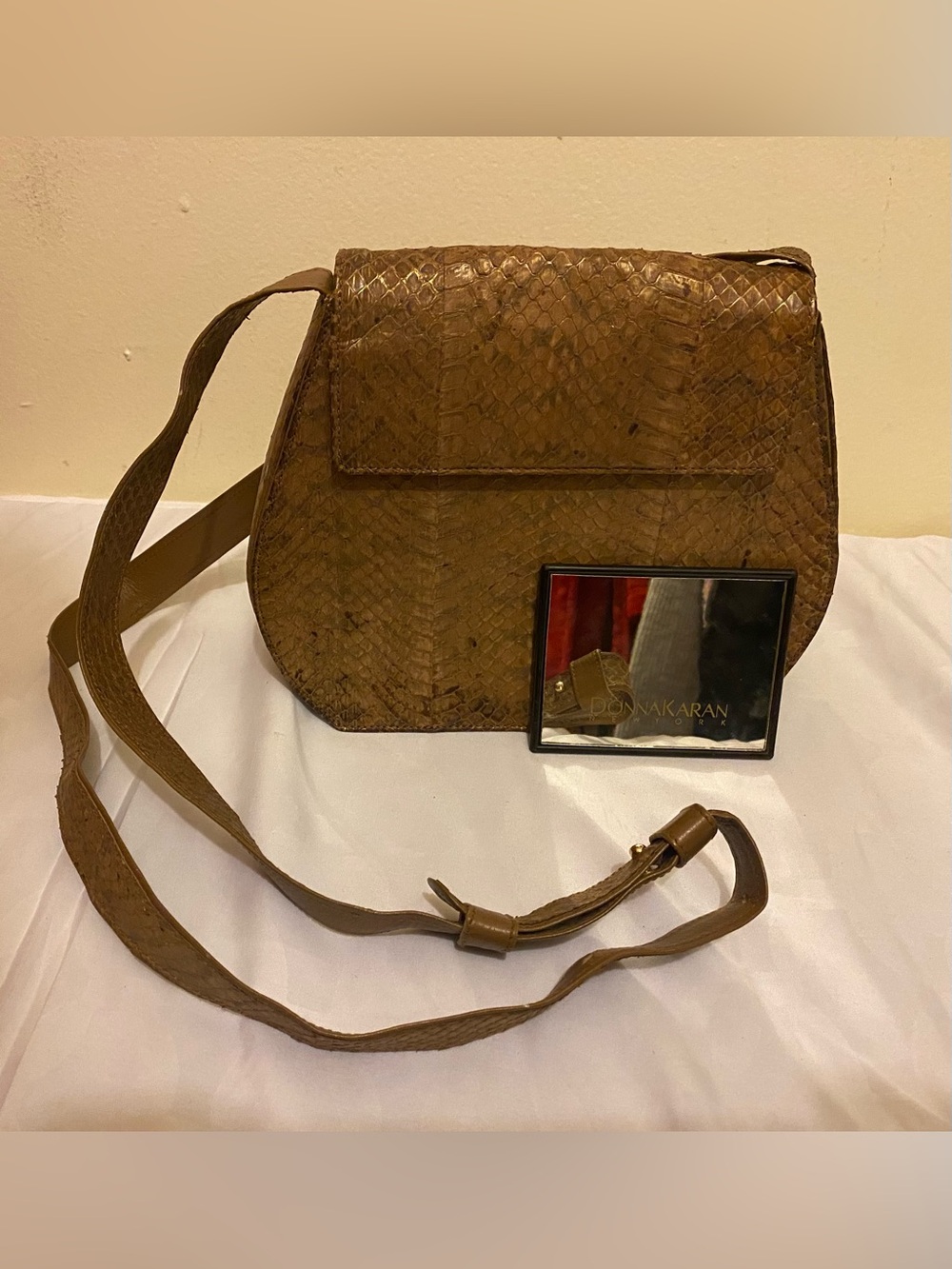 Vintage Donna Karan Brown Snakeskin Leather Crossbody Saddle Bag